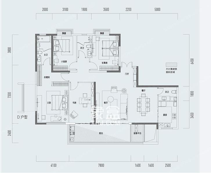 长沙印湘江2(印江雅居)4室2厅3卫1厨约207㎡平方米户型图_房型图-象盒