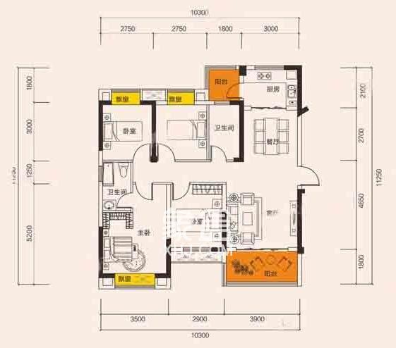 长沙振业城4室2厅2卫约120㎡平方米户型图_房型图-象盒长沙新房