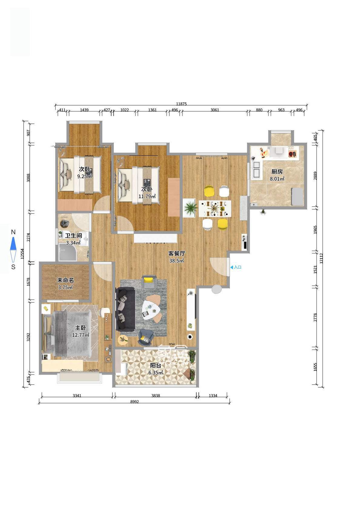 0公摊面积，精装三房使用面积120平，适合居家，南北通透，