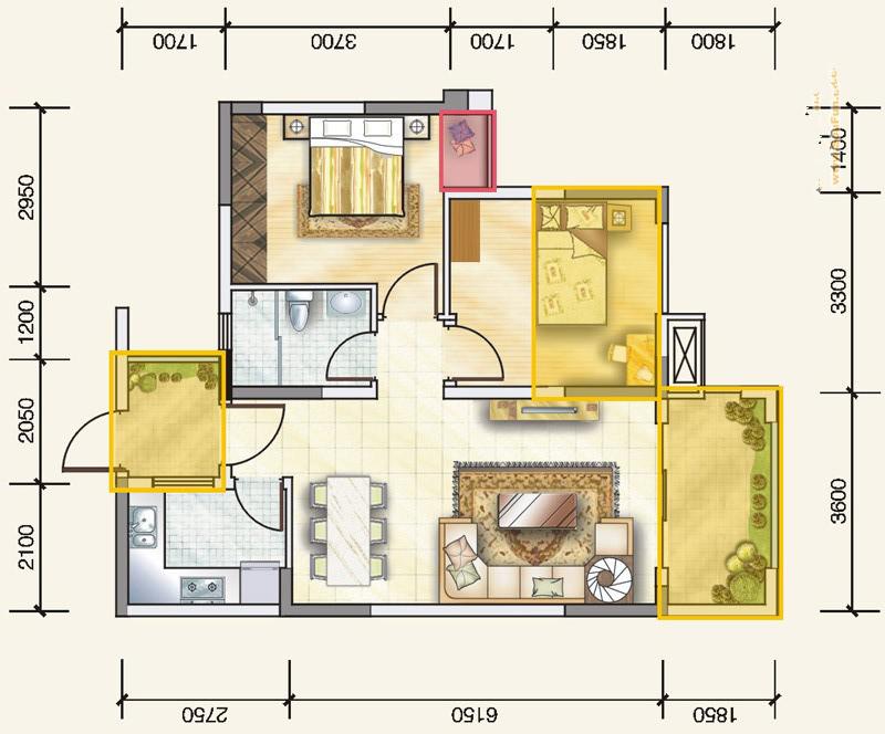 绿地.圣路易名邸二期  2室1厅1卫   950.00元/月户型图