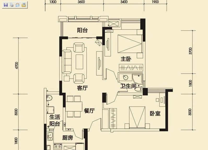 中海锦城二期  2室1厅1卫   2200.00元/月户型图