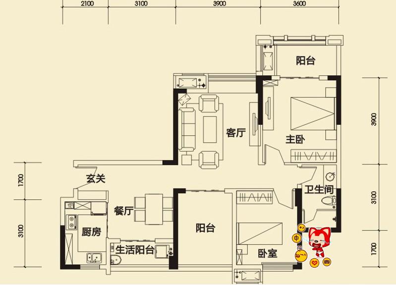 中海锦城一期  3室0厅0卫   2800.00元/月室内图1