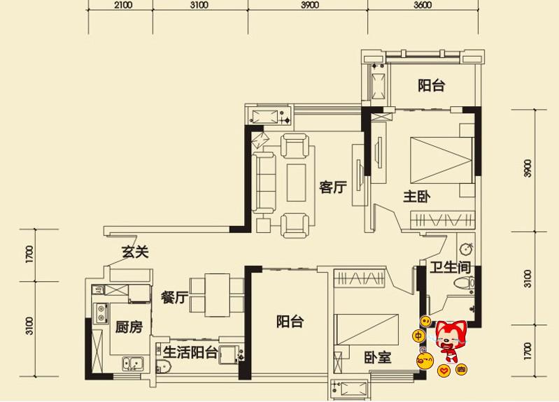中海锦城一期  3室2厅1卫   85.00万客厅