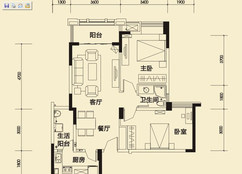 中海锦城一期  2室2厅1卫   2200.00元/月室内图1