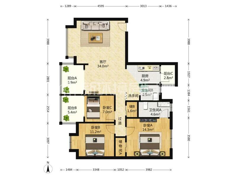 碧华邻  3室2厅2卫   260.00万室内图1