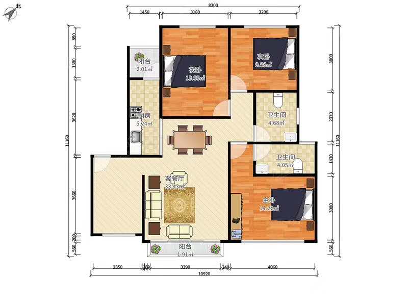 亿都国际城市首府  3室2厅2卫   2000.00元/月户型图