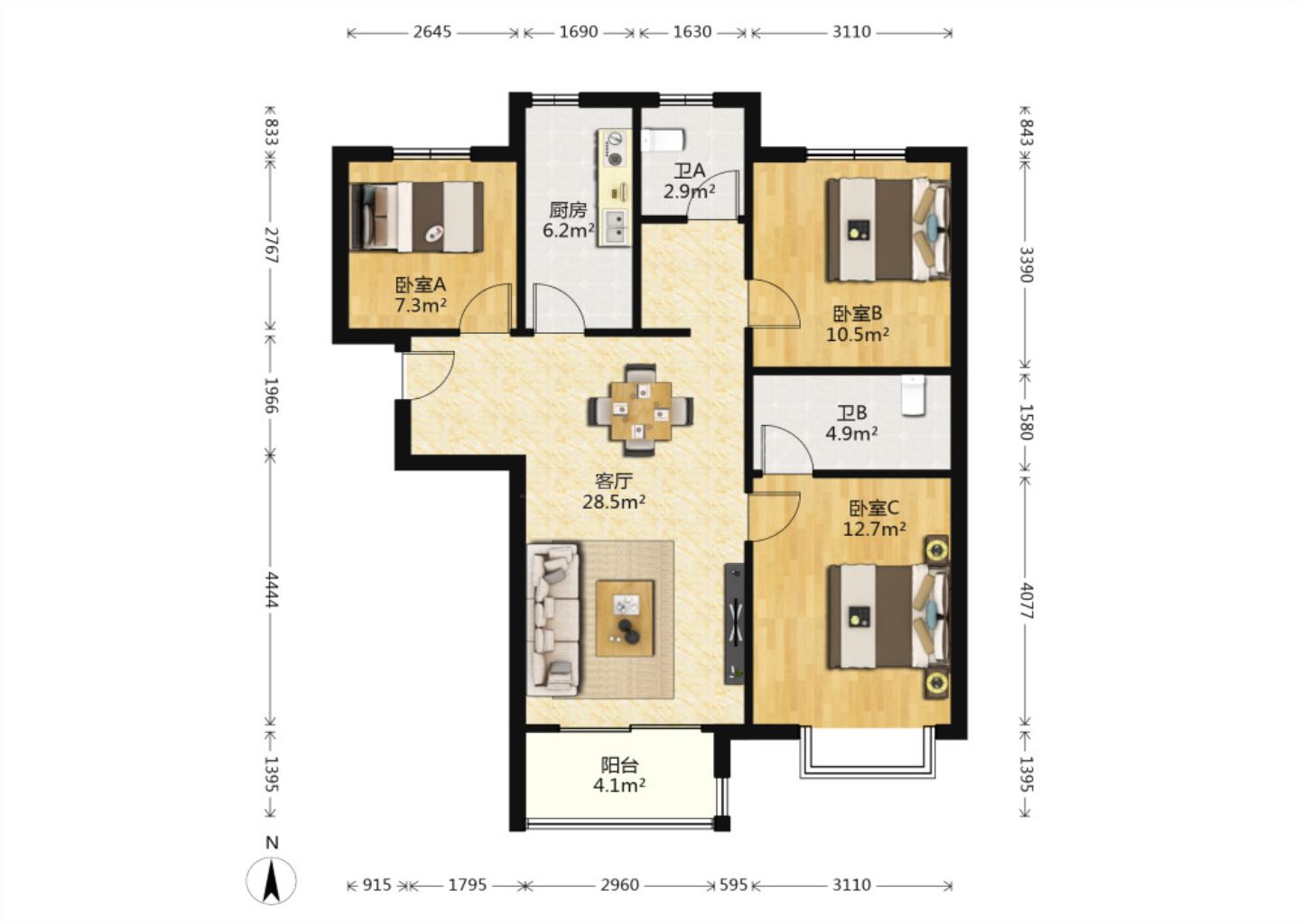 万科城市之光北区  3室2厅2卫   270.00万户型图