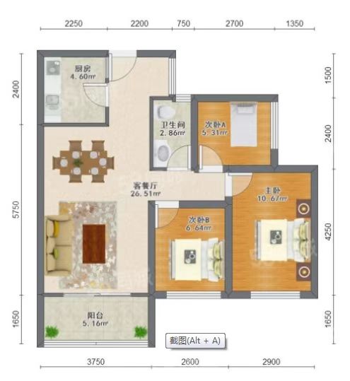 双流格林城  3室2厅2卫   3200.00元/月室内图1