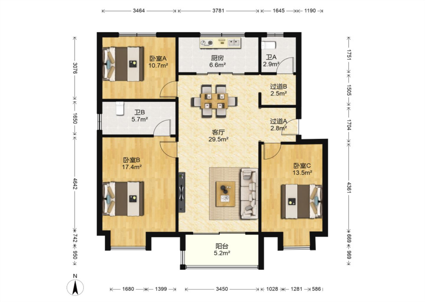 万科城市之光南区  3室2厅2卫   345.00万室内图1