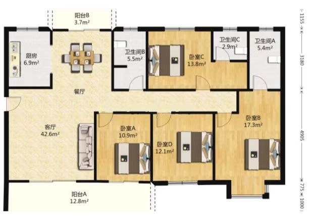 中建江湾壹号  4室2厅2卫   125.00万室内图1