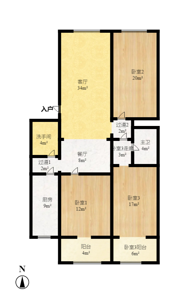 白沙苑  3室2厅2卫   2000.00元/月户型图
