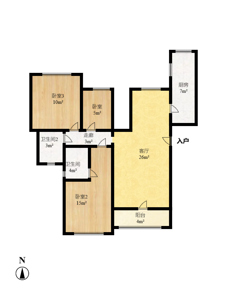 恒大江湾  3室1厅1卫    2600.0元/月户型图