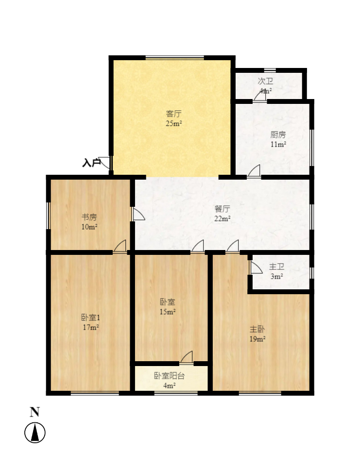 浏城桥竹园公寓  3室1厅1卫   2800.00元/月户型图