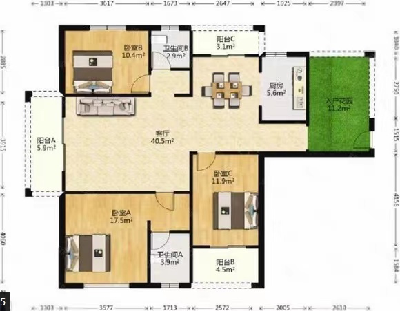九八缔景城 3室2厅1卫 1800.0元/月 九八缔景城 3室2厅1卫 1800.0元/月户型图
