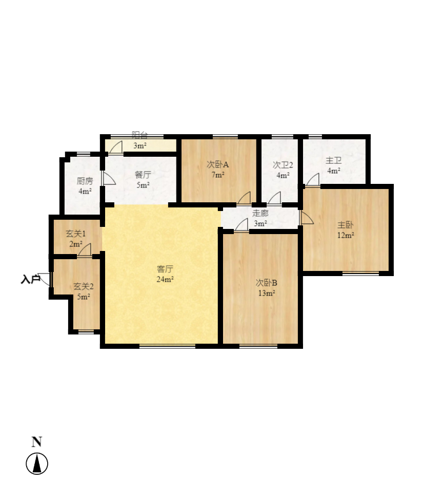 东方航标  3室2厅1卫   2200.00元/月户型图