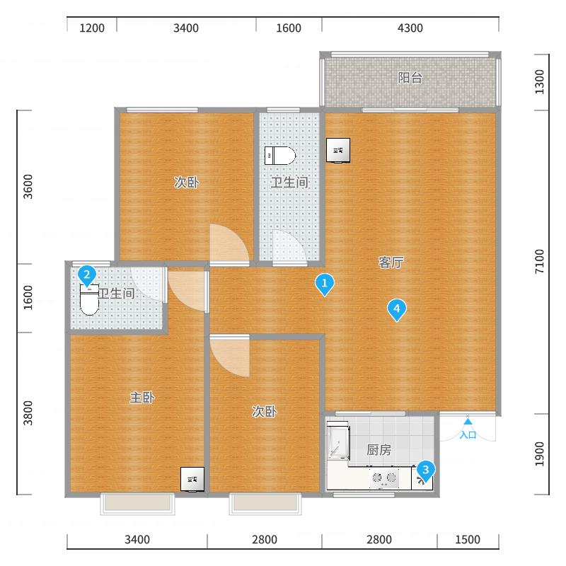 中南市场  3室2厅2卫   1300.00元/月室内图1