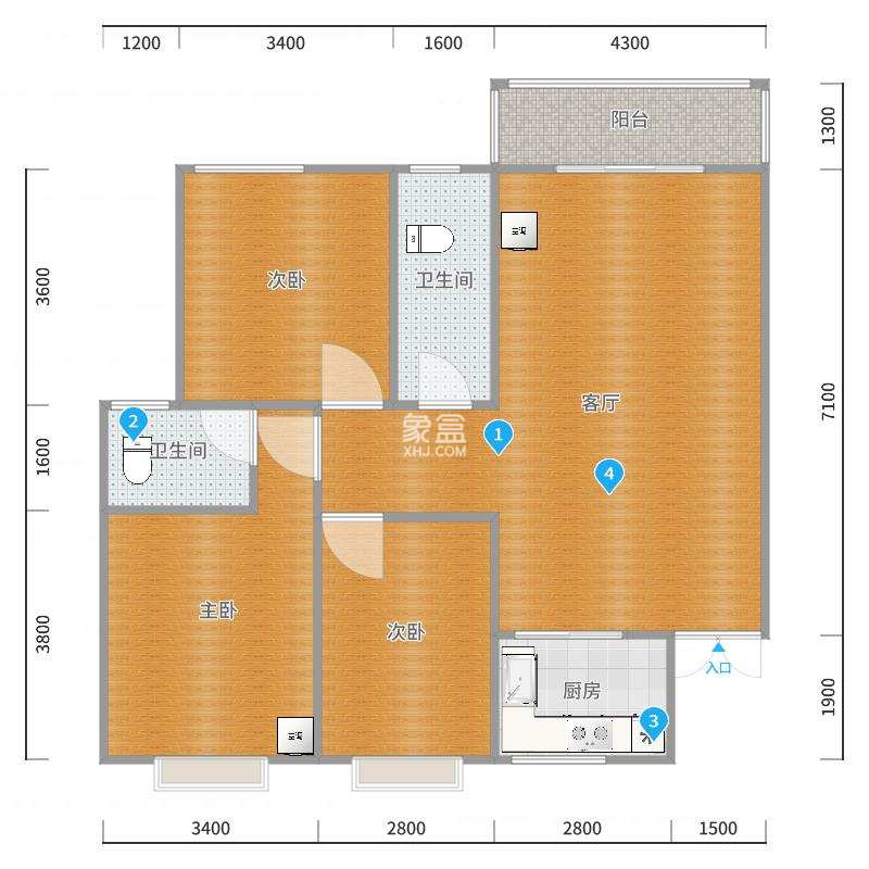 中南市场 3室2厅2卫 1300.00元/月 中南市场 3室2厅2卫 1300.00元/月户型图