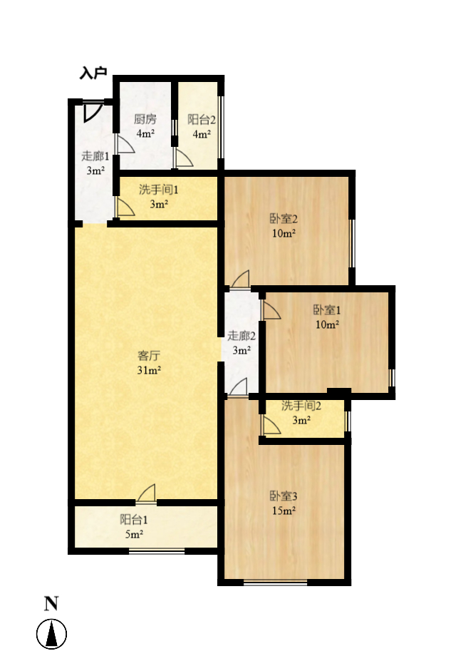 上海城小区  3室2厅1卫   2700.00元/月户型图