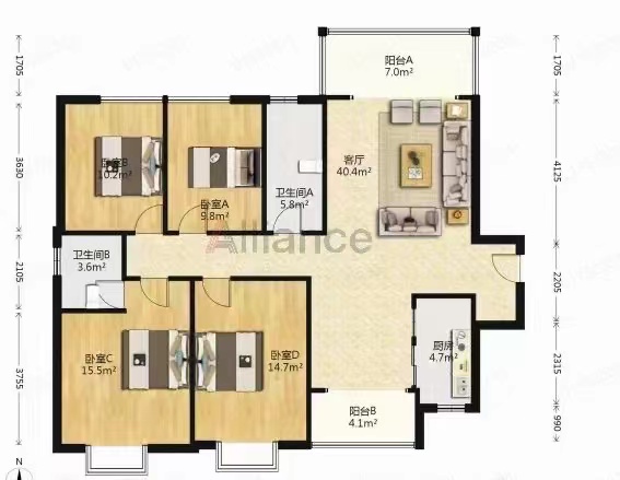 金钩花园  4室2厅2卫   75.80万室内图