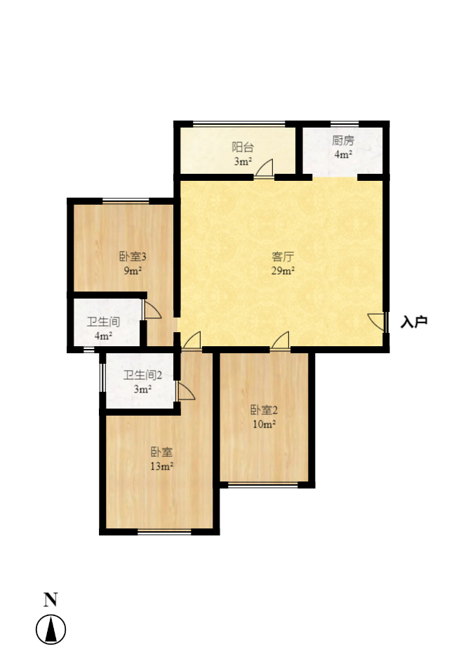 东方美地 3室2厅1卫 2200.0元/月 东方美地 3室2厅1卫 2200.0元/月户型图