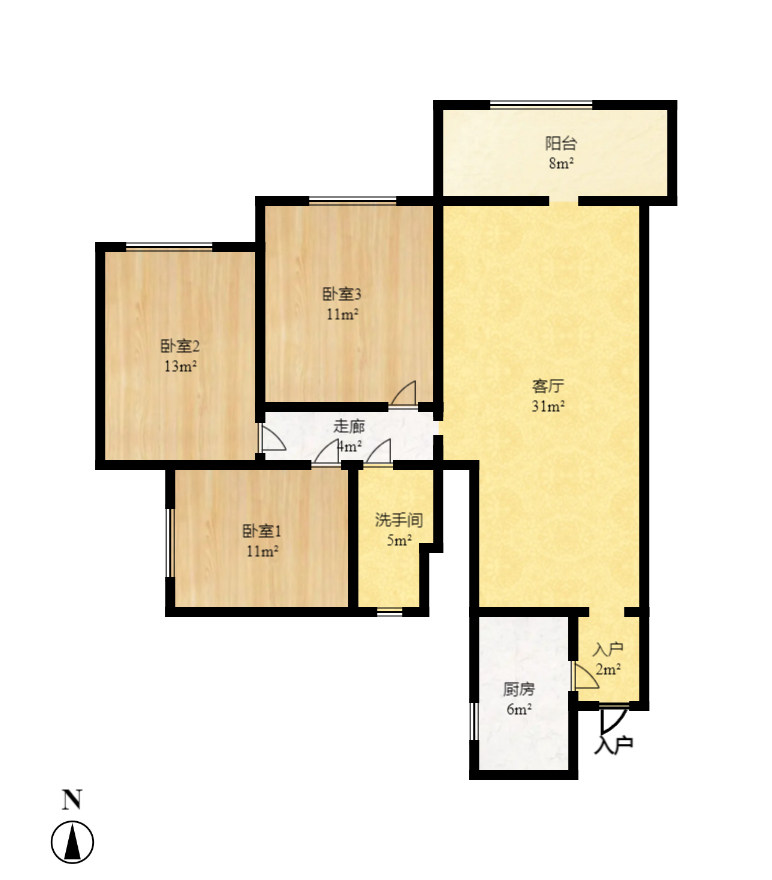 江河双水湾  3室2厅1卫   2600.00元/月户型图
