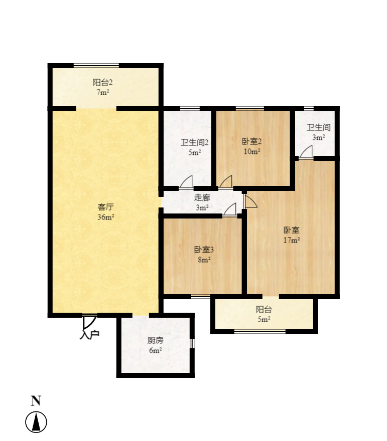 星城国际  3室2厅2卫    1700.0元/月户型图