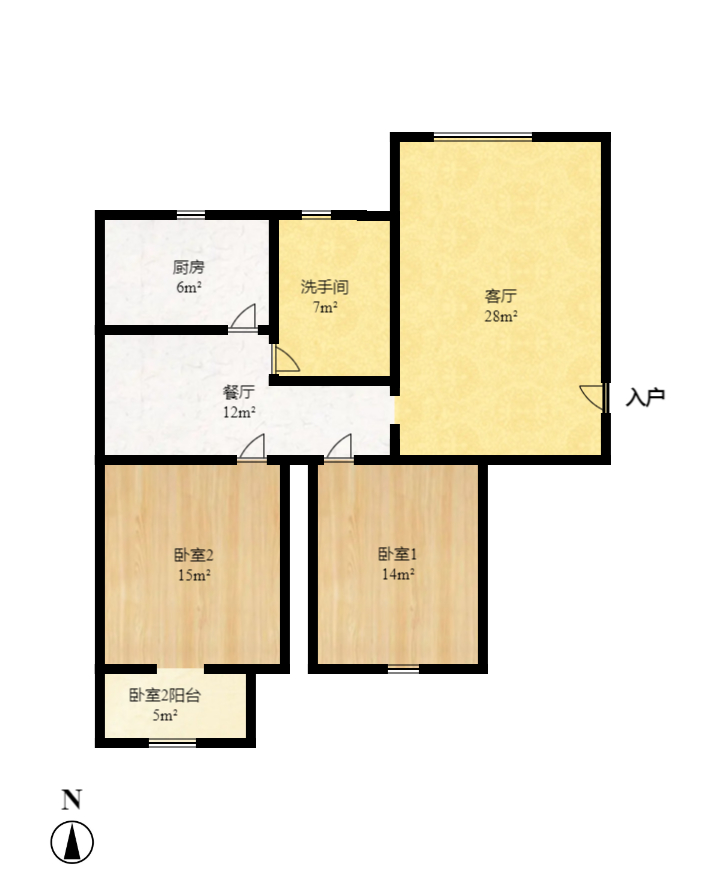 鑫天鑫城  2室1厅1卫   1600.00元/月户型图