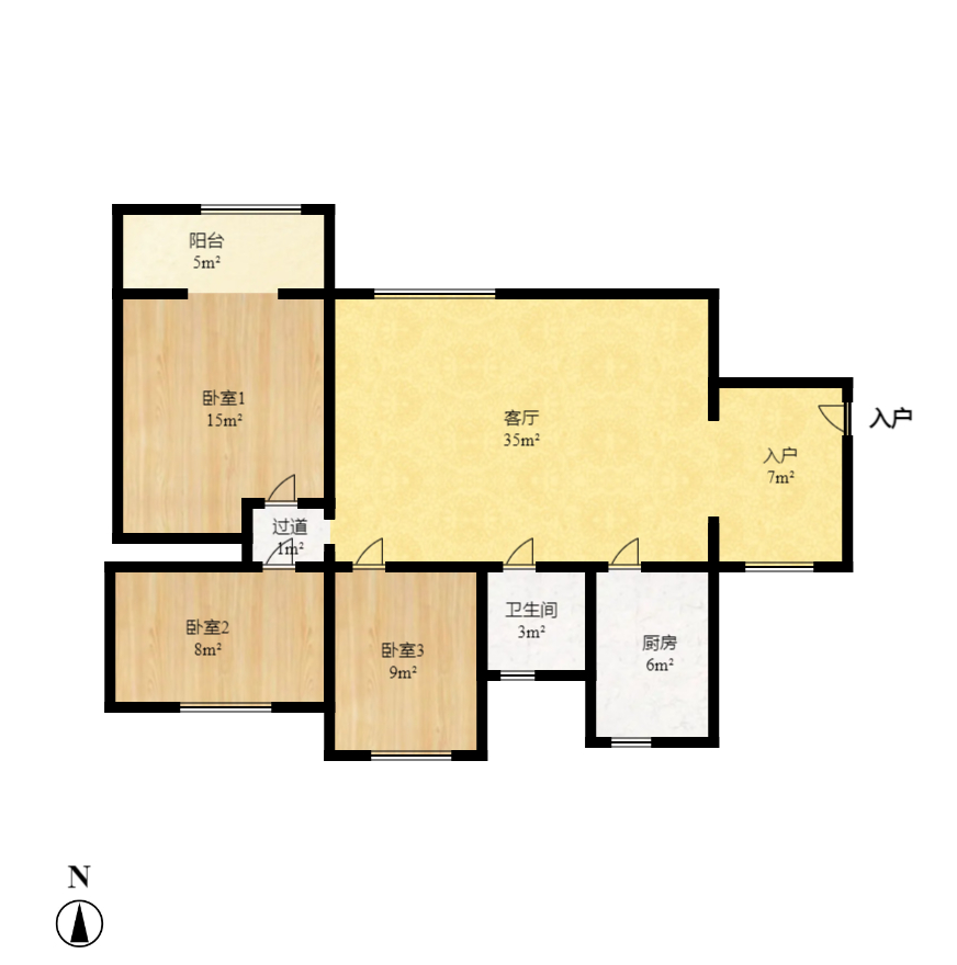 珠江花城三期锦鲤  3室2厅1卫    2500.0元/月户型图