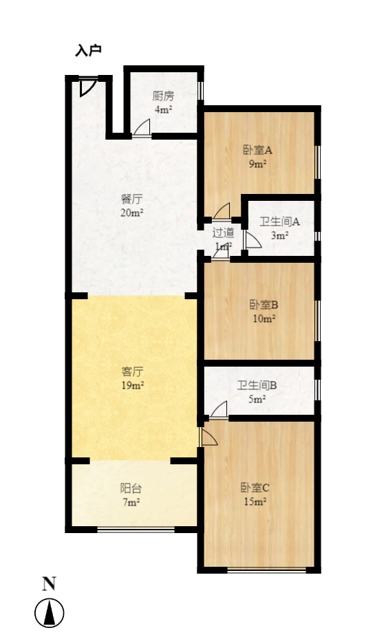 藏珑湖上国际花园  3室2厅1卫   3500.00元/月户型图