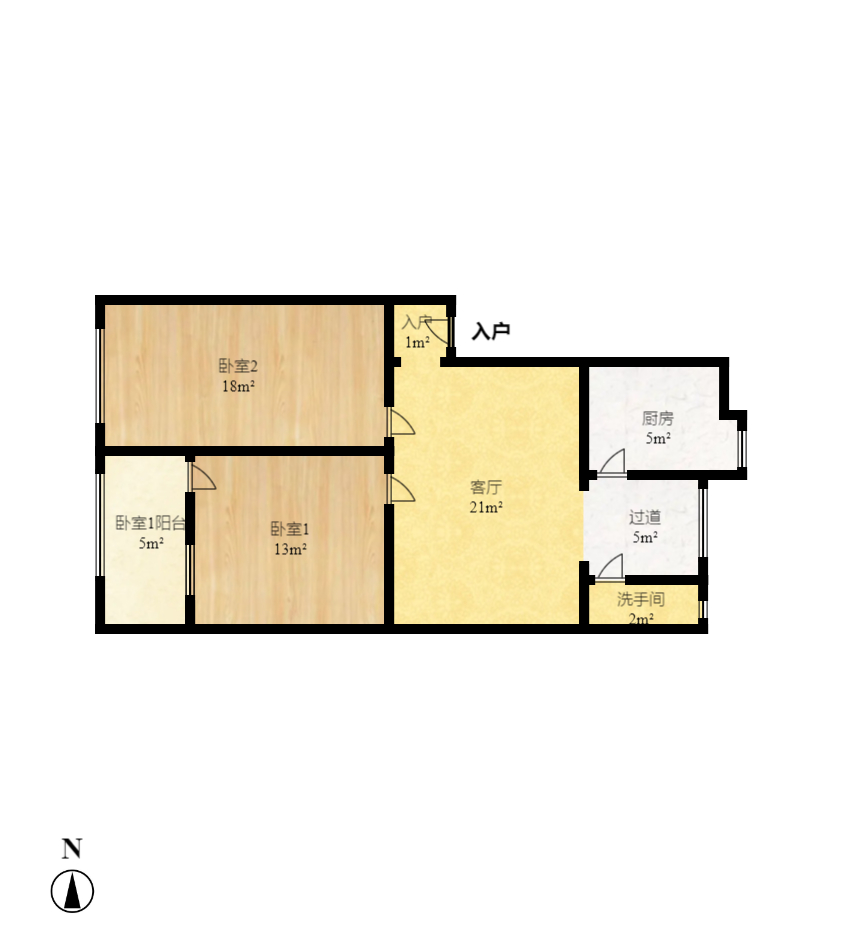 砂子塘社区  2室1厅1卫   1700.00元/月户型图