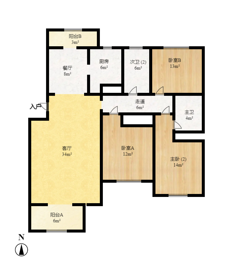 雅致名园  3室2厅2卫    3600.0元/月户型图