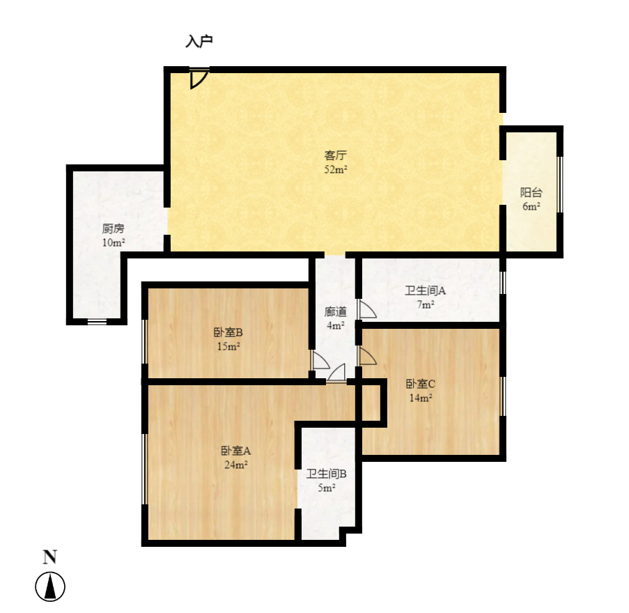 金碧文华  3室2厅2卫   2300.00元/月户型图