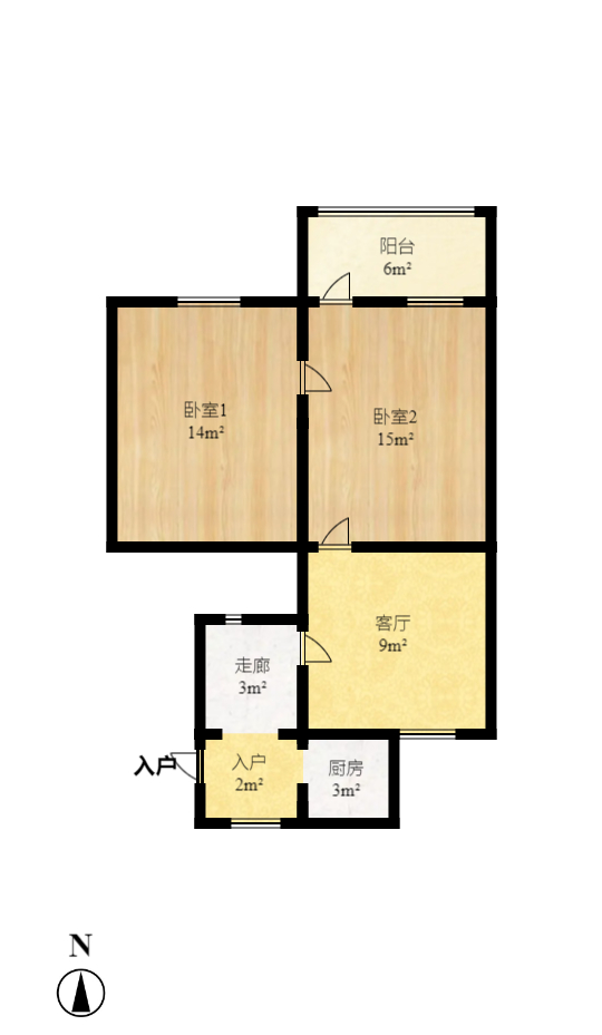 朝阳一、二村  2室1厅1卫   1200.00元/月户型图