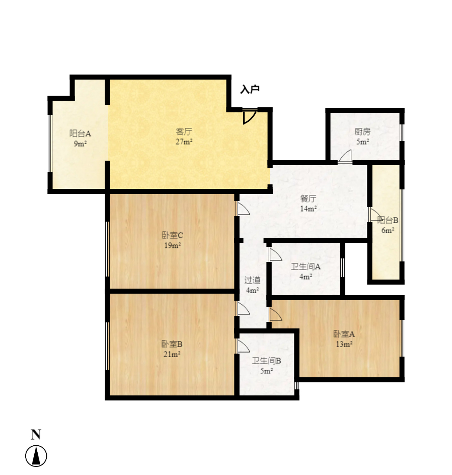 中天瑞景  1室2厅1卫   3200.00元/月户型图