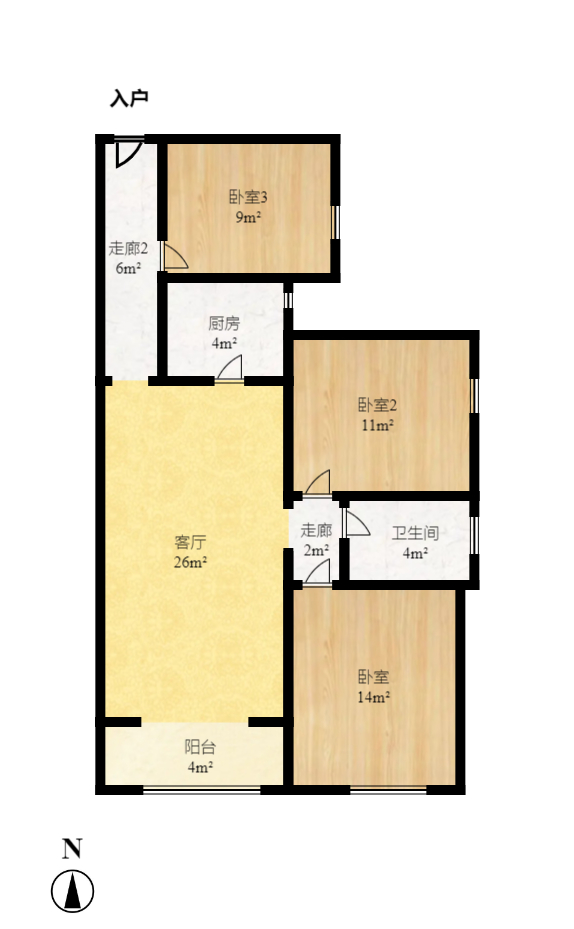 新蕾品阁居  3室1厅1卫   1600.00元/月户型图
