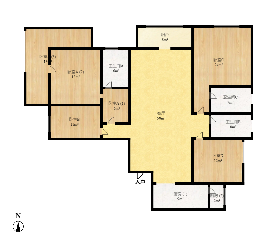 中建江山壹号 4室1厅1卫 30000.0元/月 中建江山壹号 4室1厅1卫 30000.0元/月户型图