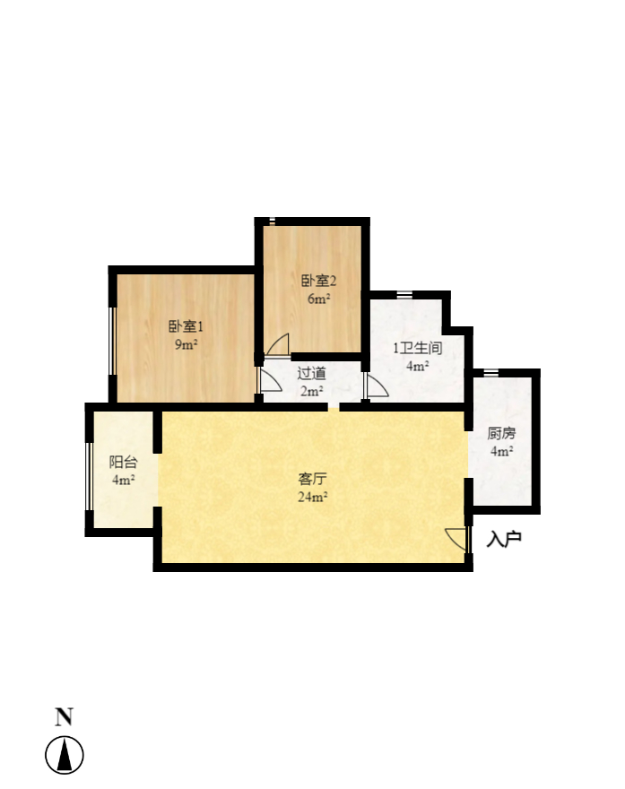珠江郦城公园1号  2室2厅1卫   2400.00元/月户型图