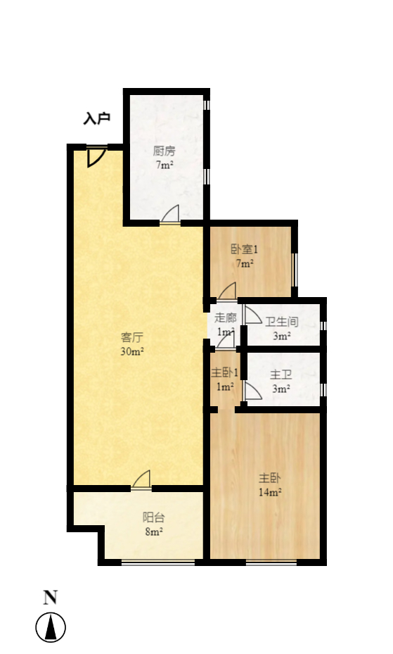 双湾国际（湘江御景花园）  2室2厅1卫   98.00万室内图1