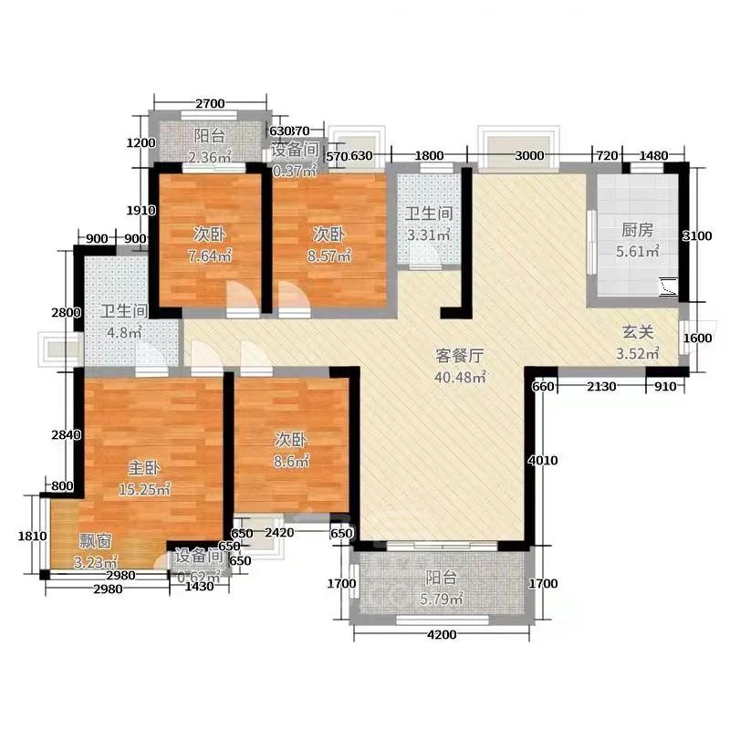 山水洲城华晨第一城  4室2厅2卫   2700.00元/月室内图1