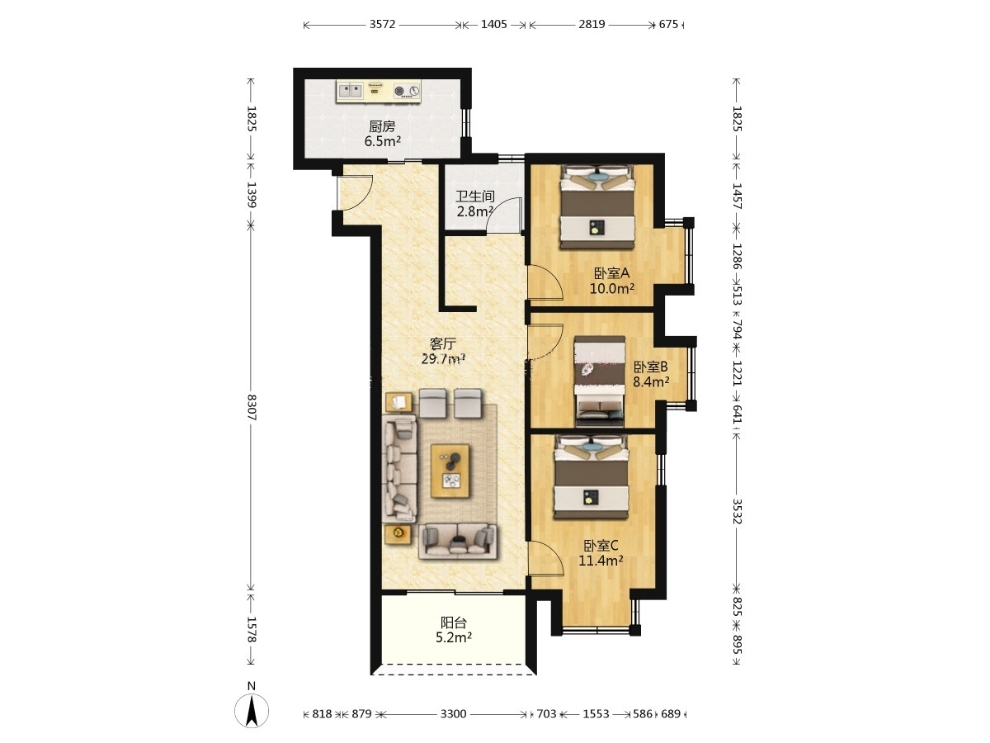 中铁建万科翡翠  3室2厅1卫   2980.00元/月室内图1