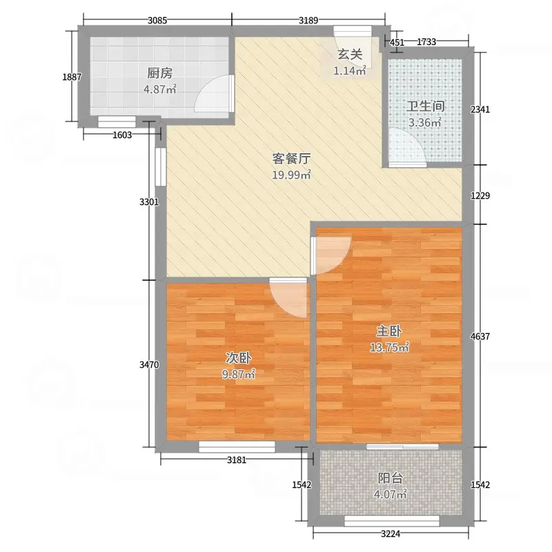 恒大华府  2室2厅1卫   2200.00元/月户型图