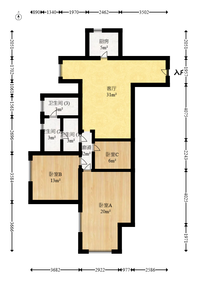 BOBO国际  3室2厅1卫    128.9万室内图1