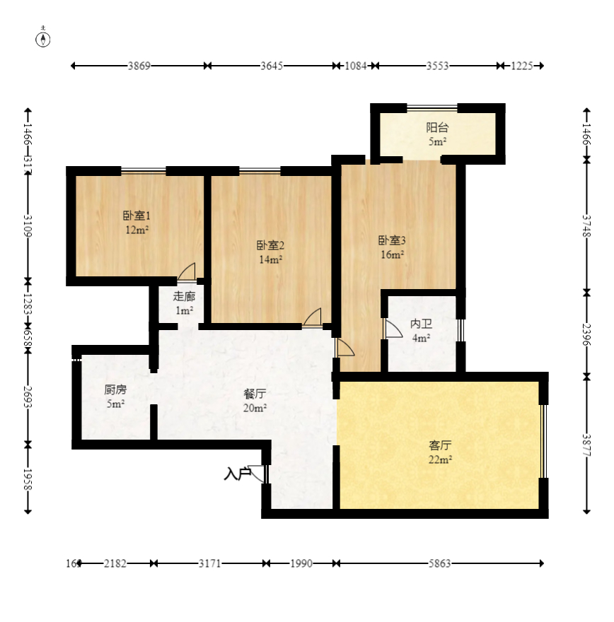 汇都公寓  3室2厅2卫   88.80万室内图1