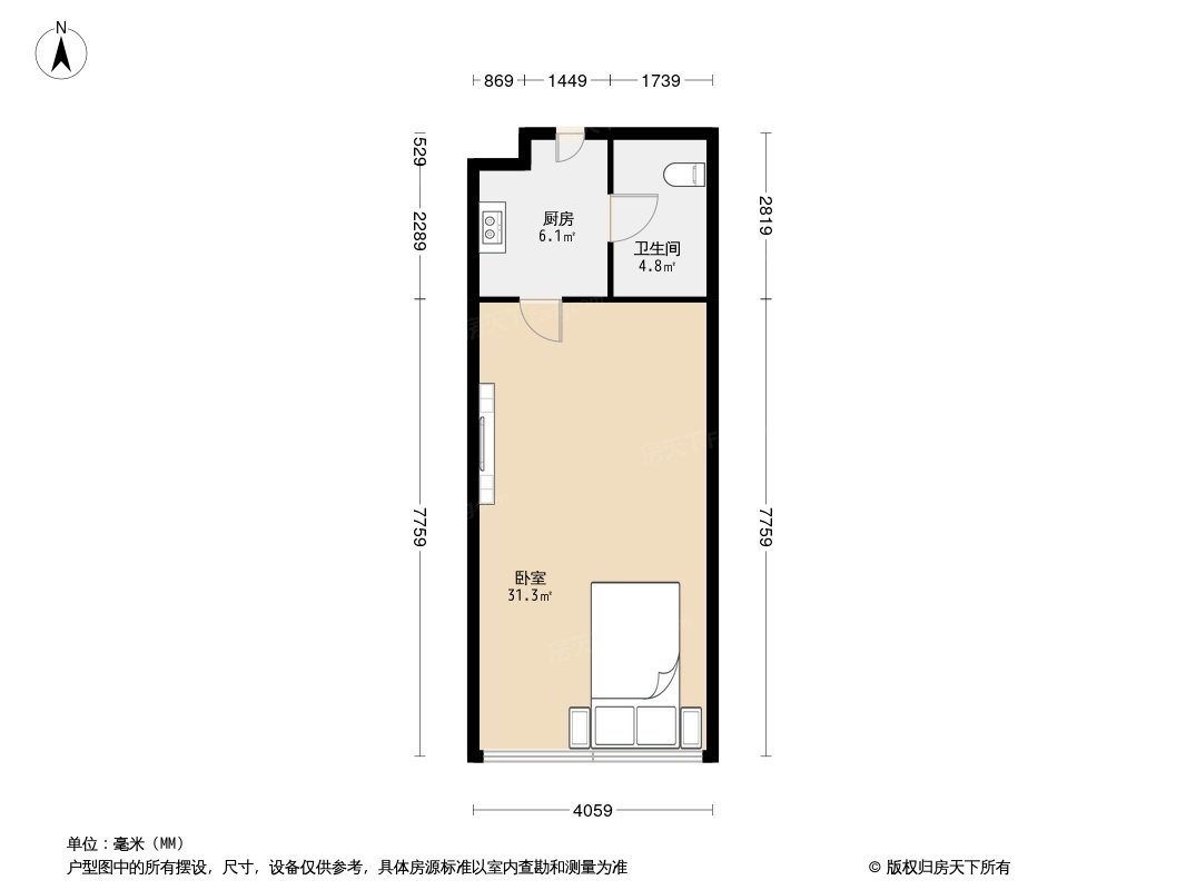 吉泰领寓  1室1厅1卫   1100.00元/月室内图1