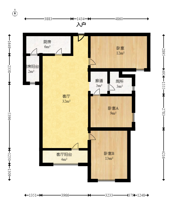 中海国际一期 3室2厅1卫 2100.0元/月 中海国际一期 3室2厅1卫 2100.0元/月户型图