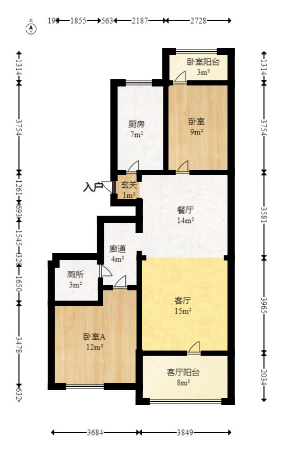阳光100三期 2室2厅1卫 2200.0元/月 阳光100三期 2室2厅1卫 2200.0元/月户型图