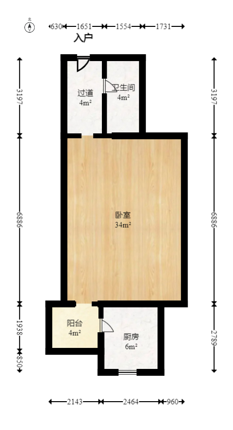 怡海星城  1室1厅1卫    1200.0元/月户型图