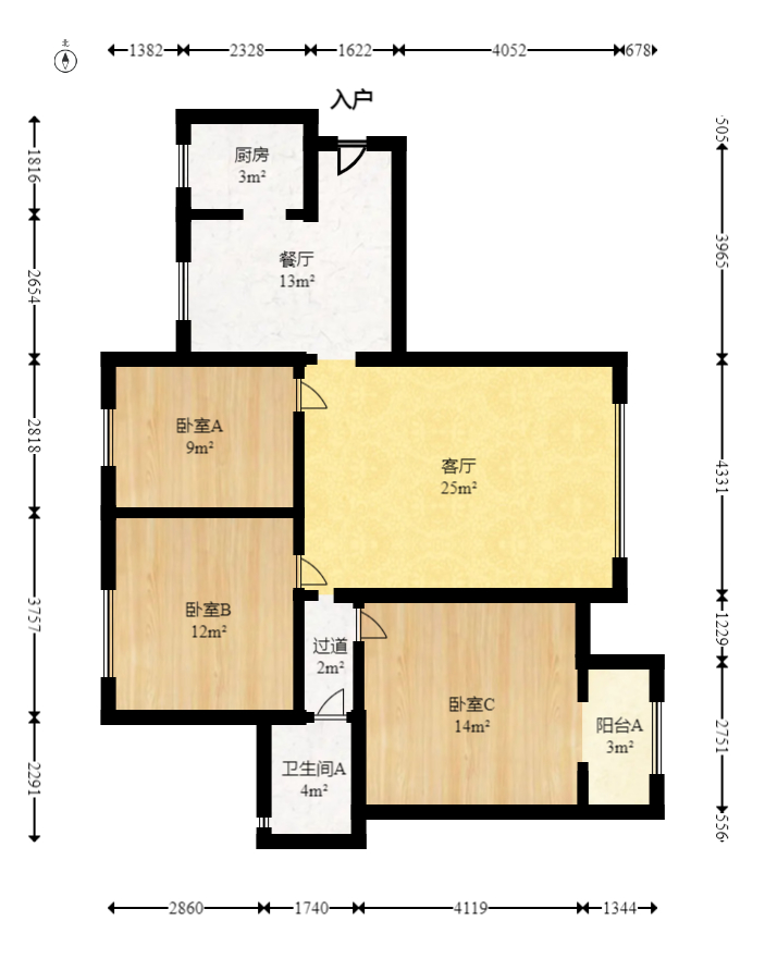 新城新世界一二三期 3室2厅1卫 2500.0元/月 新城新世界一二三期 3室2厅1卫 2500.0元/月户型图