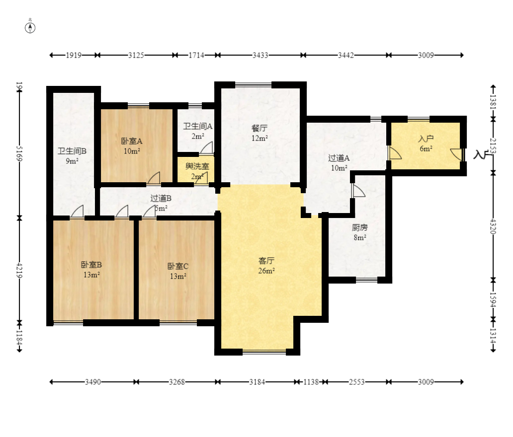 新城新世界一二三期 3室2厅1卫 2900.0元/月 新城新世界一二三期 3室2厅1卫 2900.0元/月户型图