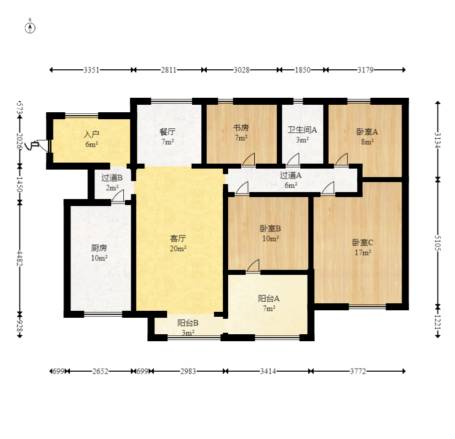 新城新世界一二三期  3室2厅1卫   3500.00元/月户型图